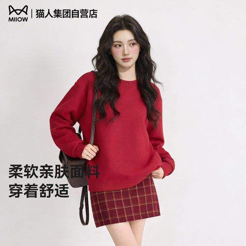 猫人红色圆领套头卫衣女2026秋季新款韩系休闲宽松显瘦百搭上衣Z