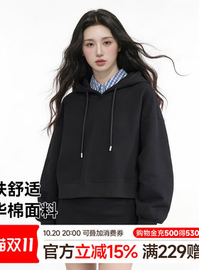 猫人黑色短款连帽卫衣女2026秋季新款宽松显瘦休闲百搭套头上衣Z