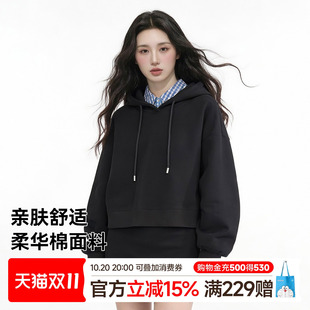 猫人黑色短款连帽卫衣女2026秋季新款宽松显瘦休闲百搭套头上衣Z
