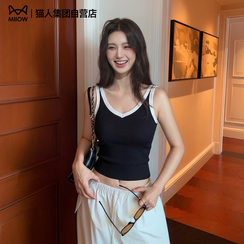 猫人撞色无胸垫v领吊带背心女夏设计感修身小众无袖针织紧身上衣Z