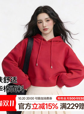 猫人红色短款连帽卫衣女2026秋季新款宽松显瘦休闲百搭套头上衣Z