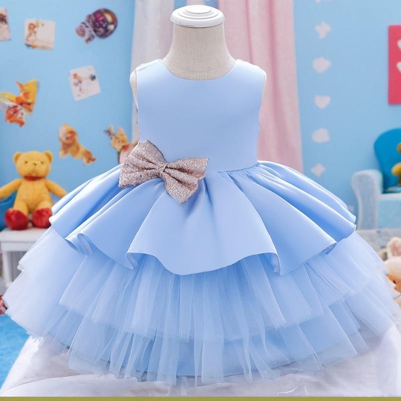 女童宝宝生日礼服花童婚礼女孩洋气蓬蓬蛋糕裙儿童红色无袖公主裙
