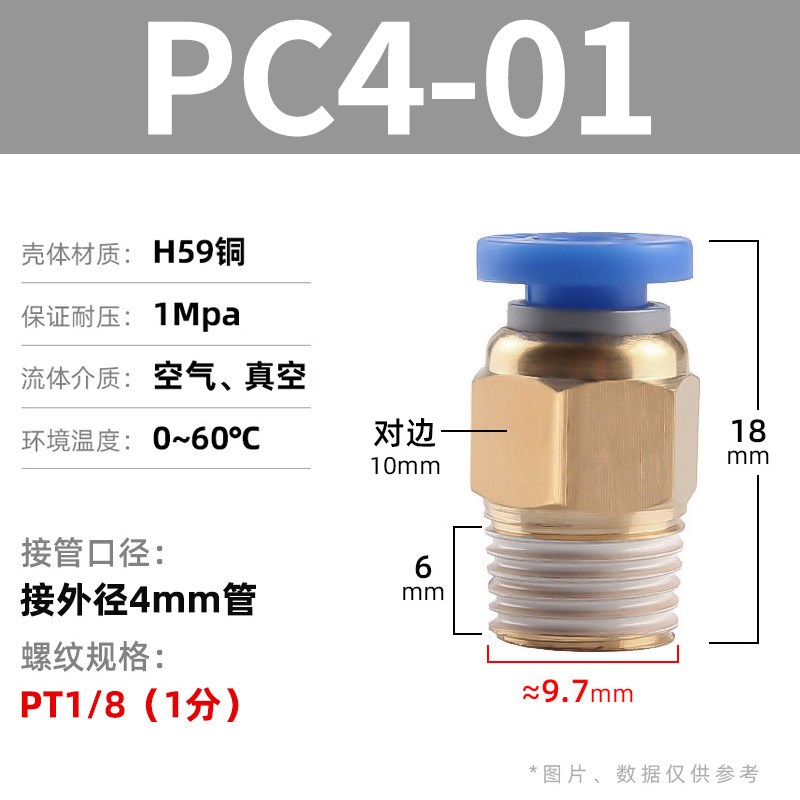 气管快速接头PC直通PL直角弯w头气动气源汽管快插螺纹配件6/8-02m