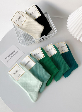 新款女士日系双针堆堆袜春秋中长筒纯色绿色休闲百搭潮流