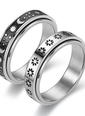 日韩流行钛钢转动戒指男欧美星月小花不锈钢戒指女情侣戒指