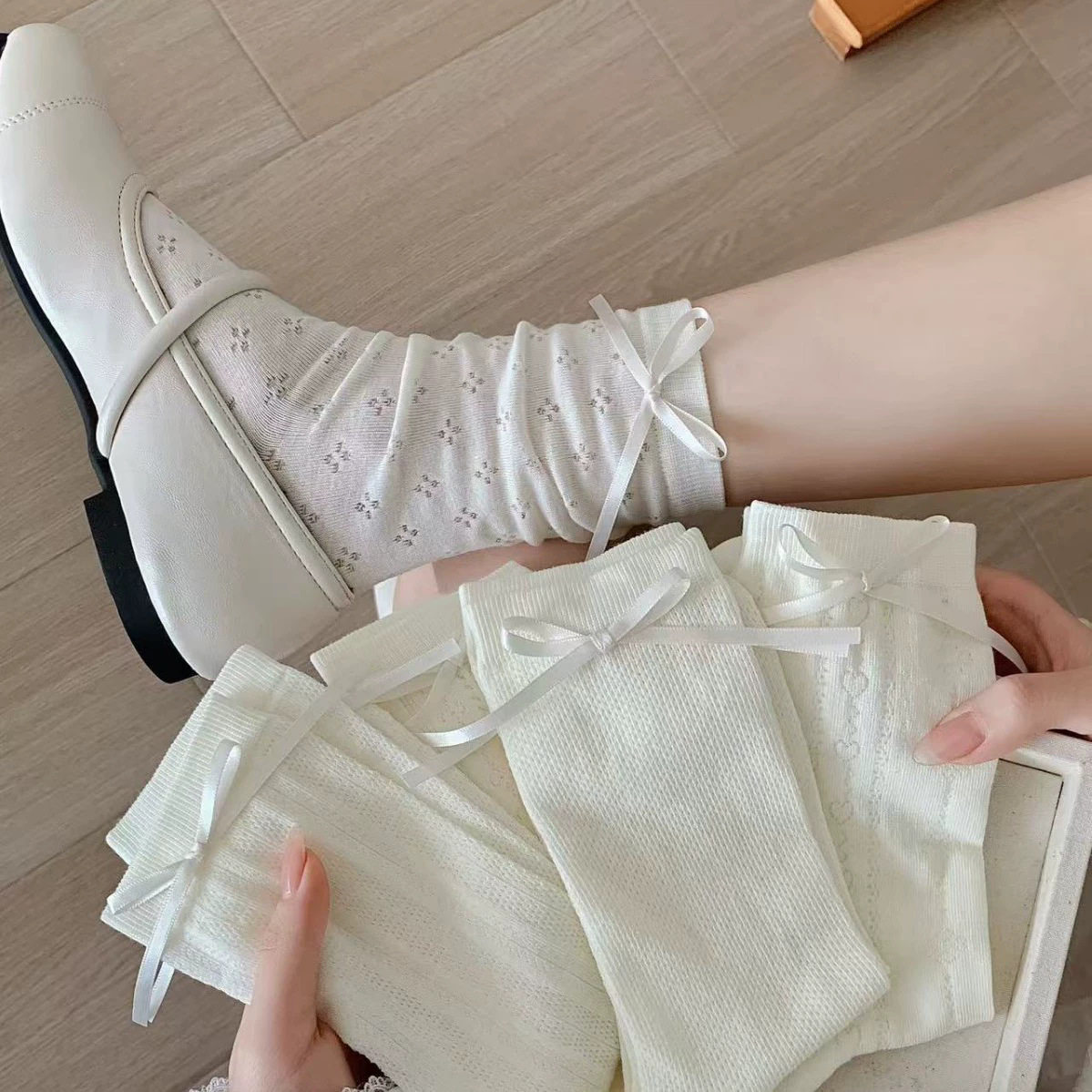 蝴蝶结白色甜美袜子镂空女中筒夏季薄款日系jk夏天堆堆芭蕾风丝袜