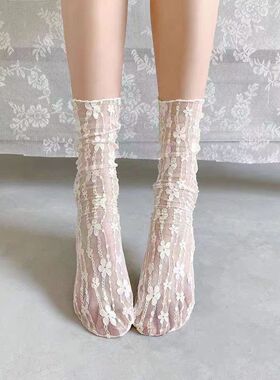 白色蕾丝袜子女夏季薄款玛丽珍网纱堆堆袜中筒甜美lolita短筒丝袜