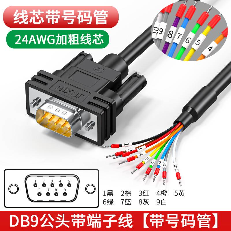 DB9串口线带号码管9针端子线DB37并口线DB25DB15连接线15芯单头