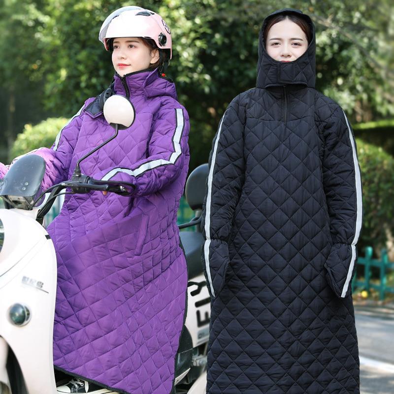 电动车挡风衣骑车防风罩衣女冬季加厚防寒保暖防水连帽电瓶摩托车