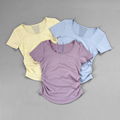 运动短袖 女夏季 褶皱收腰健身训练上衣网纱拼接透气速干瑜伽服T恤