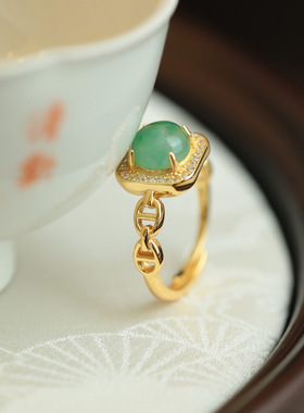 925银镀金非洲翠戒指手指方糖高级精致个性百搭轻奢活口女式新品