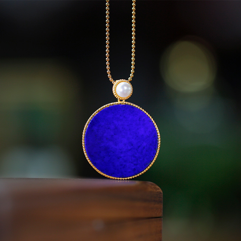 S925银镀金镶天然青金石珍珠仿古如意花纹正反可戴气质