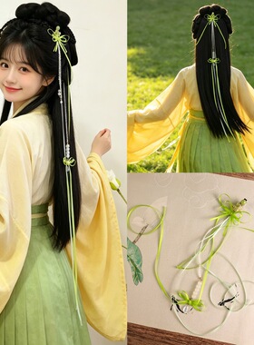 古风小清新汉服古装妆造配饰后压长飘带发夹甜美绿色蝴蝶头饰边夹