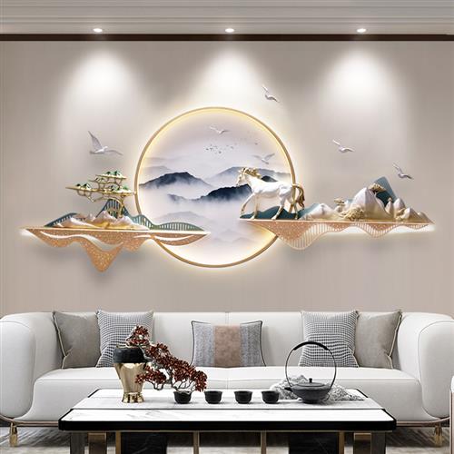 新中式客厅装饰画沙发背景墙浮雕氛围发光餐厅立体圆形山水壁挂画图片