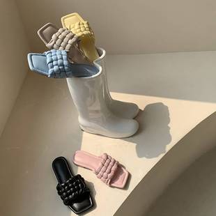 小c女鞋2023新款k棉花糖方头编织拖鞋女夏chic旅游外穿平底凉拖鞋