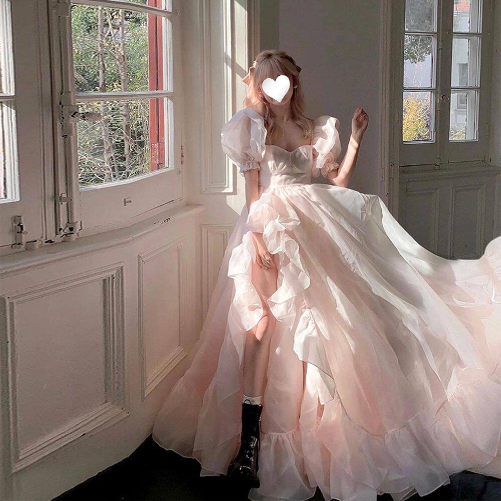 在逃公主粉色蓬蓬裙气质超仙高端粉色短袖方领礼服长裙女