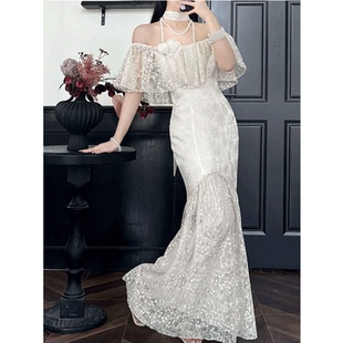 山野逸梦原创设计《云纱》 一字蝴蝶肩法式复古鱼尾连衣裙女夏季