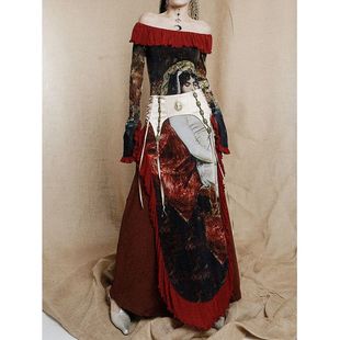 波西米亚风复古欧洲油画风荷叶边大翻领连衣裙长裙