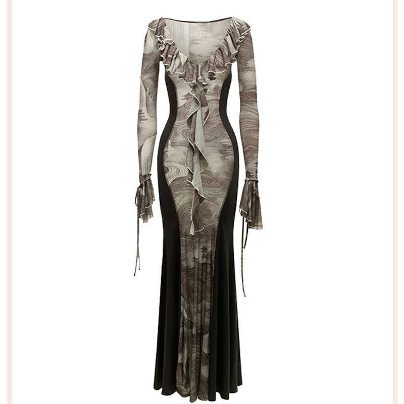 木耳边印花拼接包臀修身辣妹裙高级感御姐显身材鱼尾连衣裙