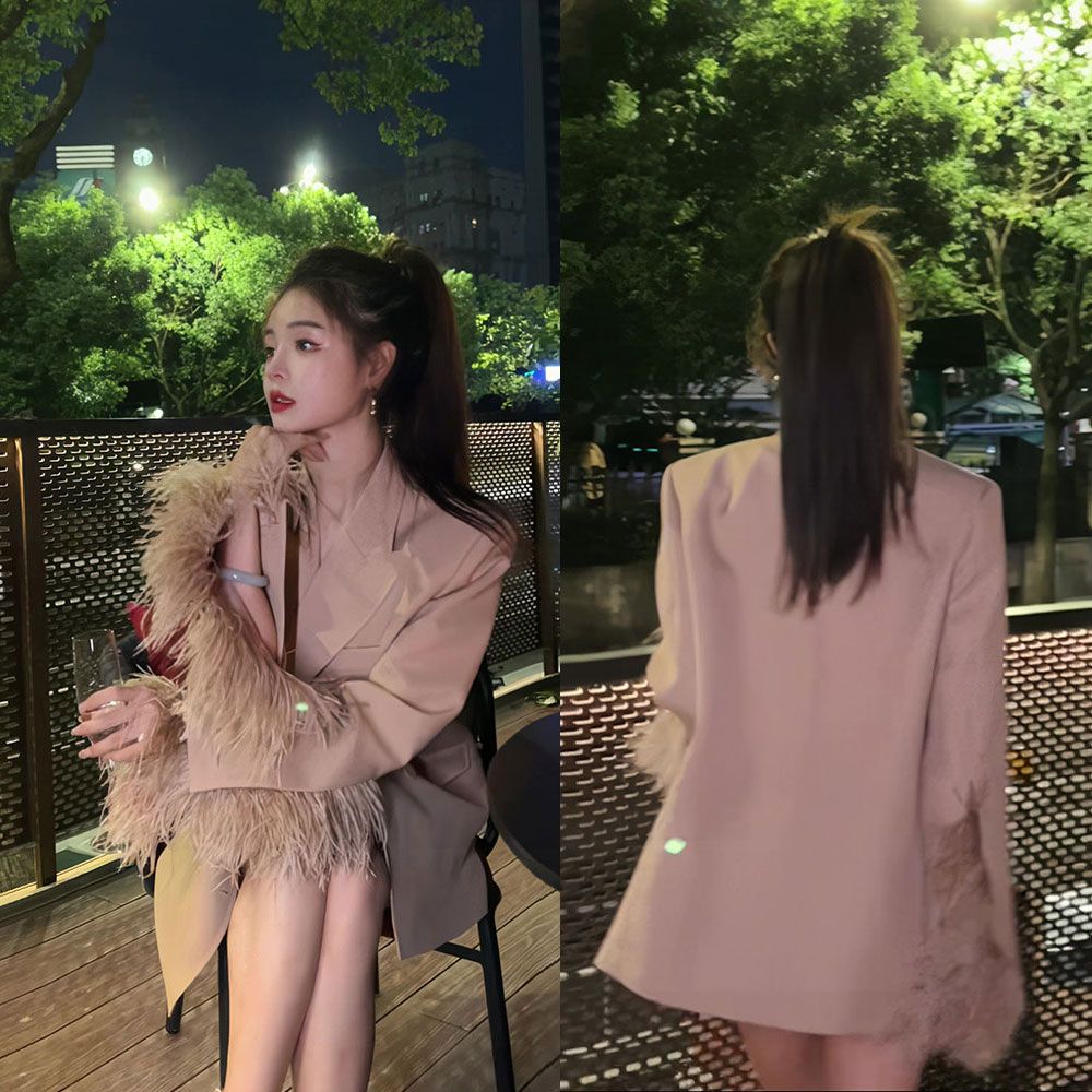 宽松高级感拼接毛毛袖外