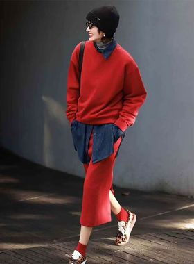 红色卫衣套装裙女春秋季穿搭一整套圆领套头卫裙今年流行两件套