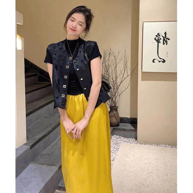 新中式国风马甲套装裙子女夏季禅意茶服黑色唐装上衣半身裙两件套