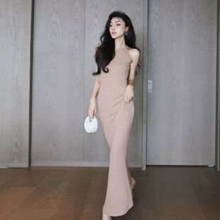 【当天发货】针织弹性高级感连衣裙女夏气质经典款无袖一步连衣裙