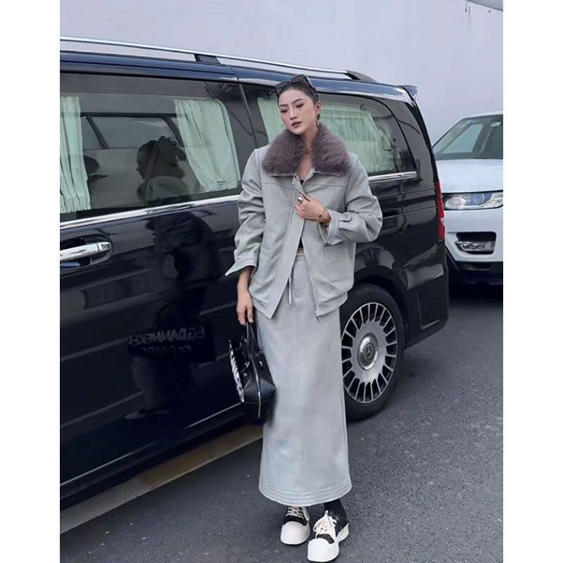 欧货大码灰色卫衣套装女秋冬大毛领夹克外套高腰包臀半身裙两件套