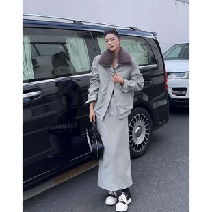欧货大码灰色卫衣套装女秋冬大毛领夹克外套高腰包臀半身裙两件套