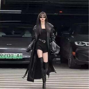 2024新款欧美风秋冬季复古百搭宽松中长款PU皮高级感暗黑长风衣女