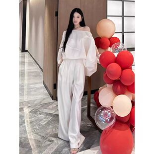 时尚套装女2024春季气质女神范轻熟风高级感露肩上衣阔腿裤两件套