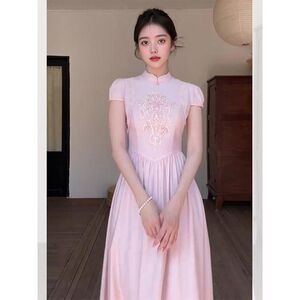 夏季爆款轻奢女装粉色新中式旗袍连衣裙高级感收腰国风气质裙