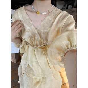 山中有桂枝 夏-雾山 小鸡黄重工上衣+大摆松紧半裙套装