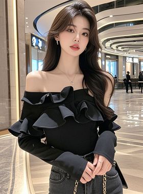 黑色一字肩多层荷叶边短款上衣女入秋法式高级感轻奢名媛纯欲T恤