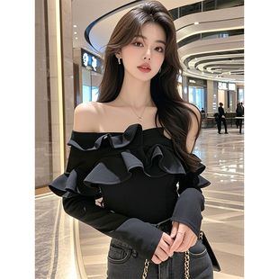 黑色一字肩多层荷叶边短款上衣女入秋法式高级感轻奢名媛纯欲T恤