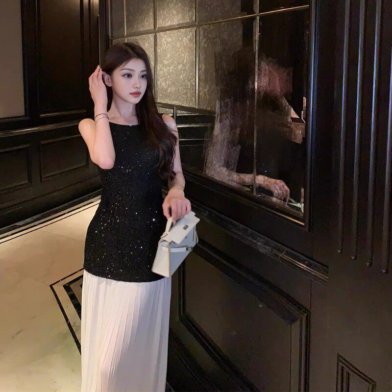 黑色亮片高端轻露背拼接