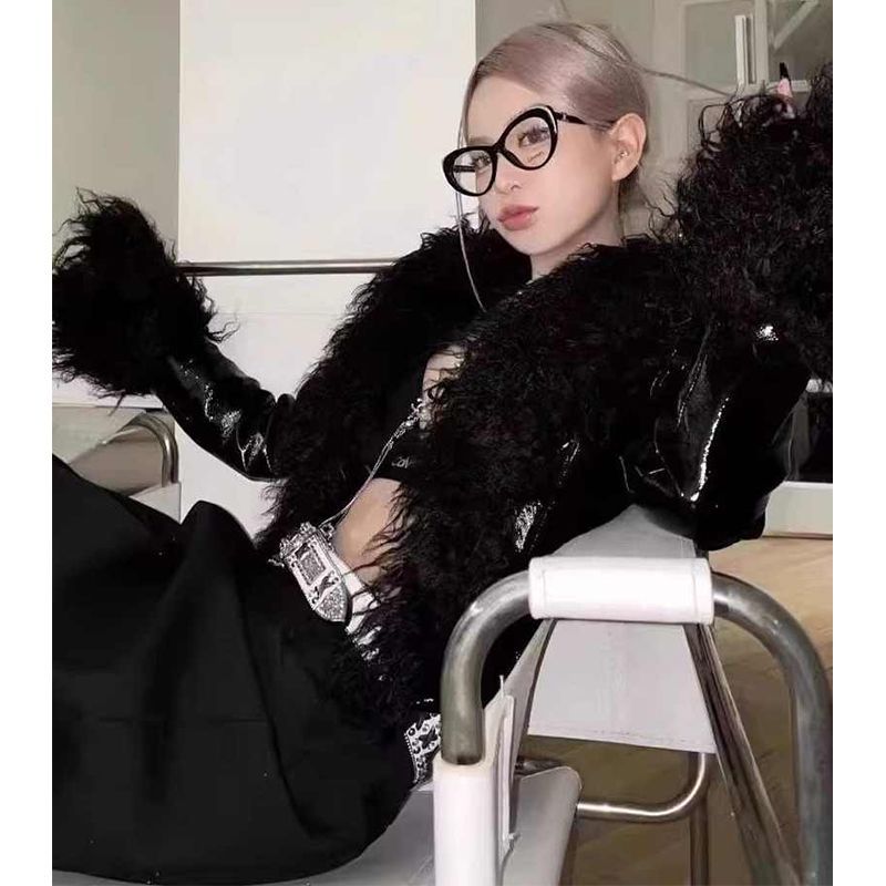 美式辣妹气质大毛领拼接