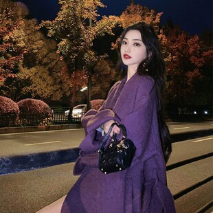 现货~中长款紫色呢子外套女2025新款大翻领斗篷休闲气质呢子大衣