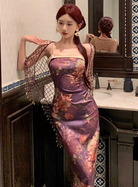 【原版现货】紫色复古新中式改良旗袍女挂脖吊带连衣裙长裙子