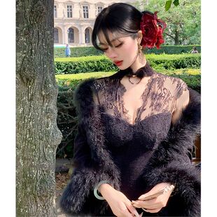 现货运送法式毛毛鱼尾裙旗袍套装秋冬季新款时尚保暖女装潮流精选