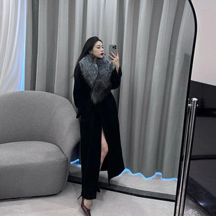 2024冬季新款贵妇气质仿皮草毛领时尚呢大衣黑色高级毛呢外套长款