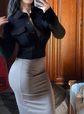 小众设计卜斯斯同款立体剪裁收腰纯黑黑色密织单排扣口袋开衫外套