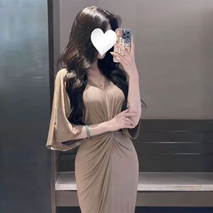 气质优雅V领连衣裙女装夏季新款扭结设计感开叉包臀长裙