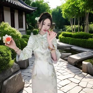 新中式国风改良版旗袍裙修身立领设计感长款连衣裙女夏季