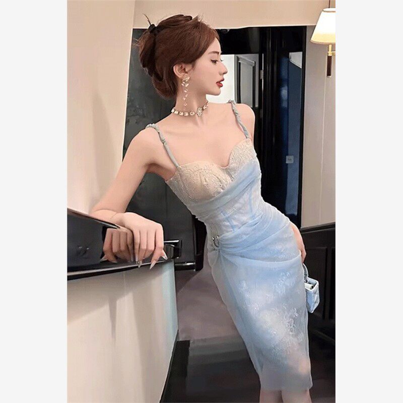 生日party礼服日常可穿高端轻奢名媛正式场合蓝色吊带连衣裙女夏