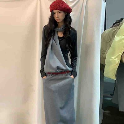 韩系挂脖假两件连衣裙女