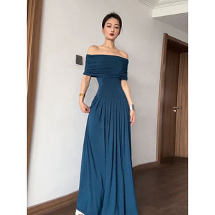 【现货】法式复古轻奢高级感气质蓝色一字肩连衣裙女显瘦a字长裙