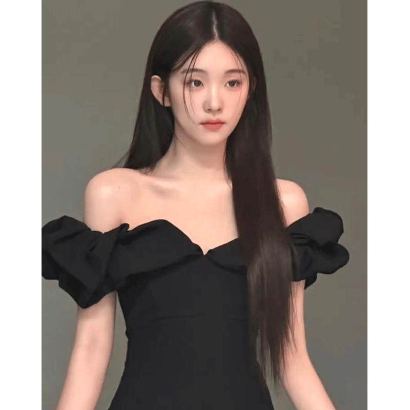 性感一字肩连衣裙法式黑色高级抹胸荷叶边生日晚礼服高端收腰长裙