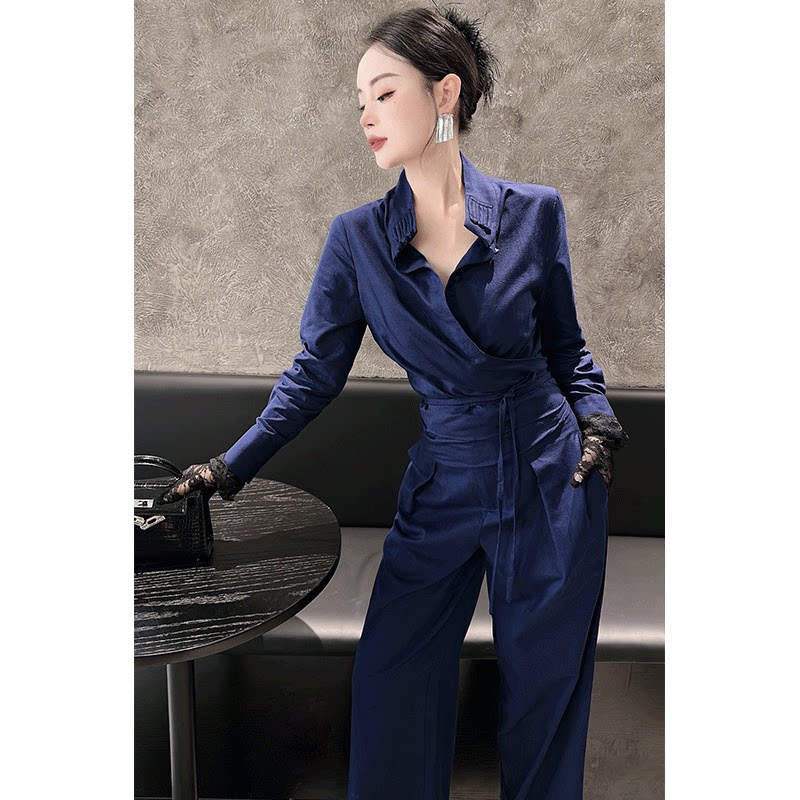 高级感新中式盘扣系带衬衫西装阔腿裤套装通勤职业两件套夏款