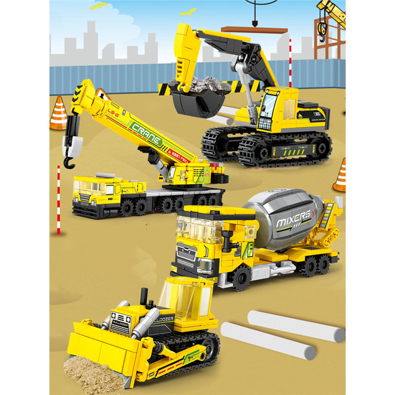 乐毅积木城市工程车挖掘机推土吊车起重机男孩益智拼装玩具2024新
